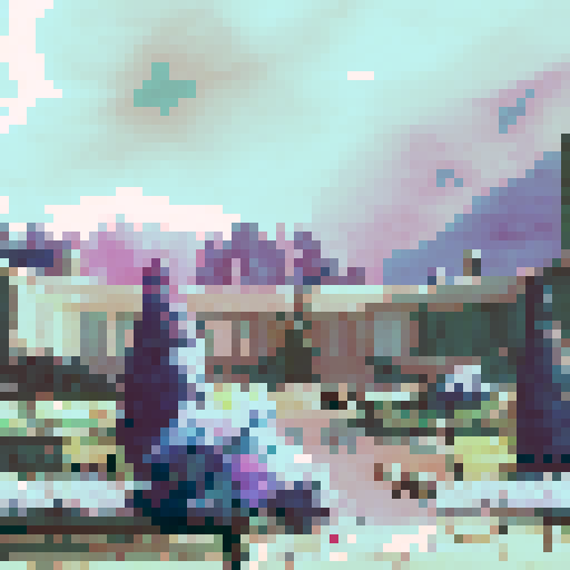 a majestic castle on a hill over a mini bus rank and purple jacaranda trees with tiny people 
