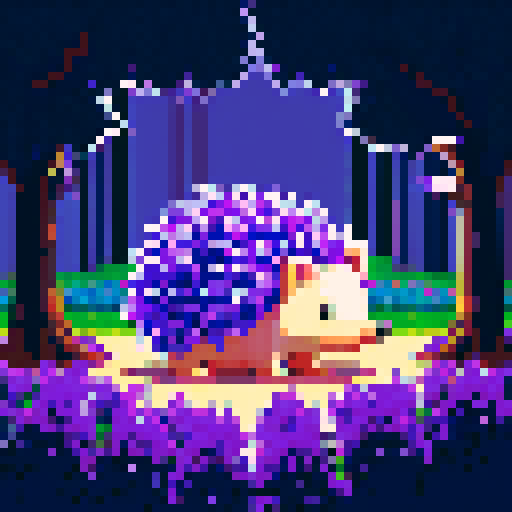 Pixelated hedgehog in the foreground, background a purple forest, clear purple sky above