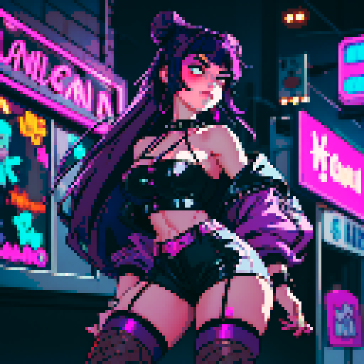 Thicc, curvy, busty goth babe with studded collar, long purple hair in buns, fishnet stockings, studded halter top, posing in neon bar for photo. neon signage, sRGB