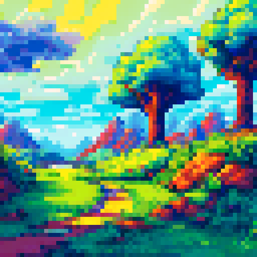 Topdown, vibrant green grass, rolling hills, soft shadows, pixelated trees, clear blue skies, distant mountains, sRGB palette, detailed textures, immersive background, expansive landscape