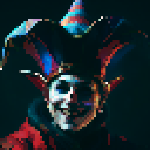 jester, vibrant colors, elaborate costume, mischievous expression, medieval backdrop