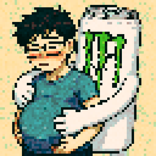 Black hair man with glasses, blushing, man pregnant anime style, White Monster Can wrapping arms around him, sRGB, pixel art