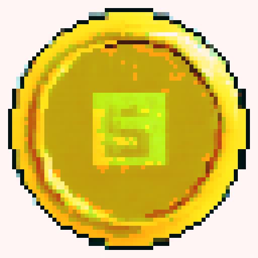 Pixelated gold retro game coin, sparkling and shimmering, surrounded by vibrant 8-bit flowers and trees, set against a nostalgic sRGB pixel art background depicting a serene and captivating landscape