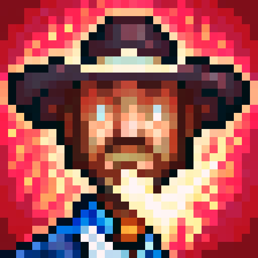 cowboy wearing a dusty brown hat, squinting under the sun, with a thick beard and piercing blue eyes, holding a revolver in his right hand and a lasso in his left, ready to rope a wild bull