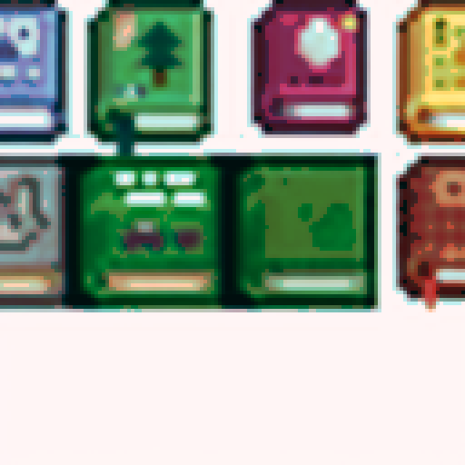 16 abstractly cute designed 14x15 pixel books in pastel tones, each with a fantasy cover themed of "attack_book, bomb_book, carpenter_catalogue, dagger_book, fishing_book, garbage_can_book, god_book, green_tea_book, immunity_book, lewis_shorts_book, luck_book, magnet_book, milk_book, ore_catalogue, rice_book, speed_book", showcasing a whimsical and vibrant fantasy RPG art style