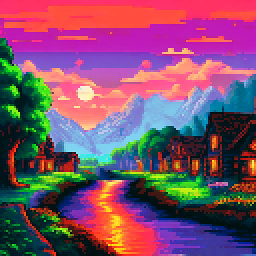 night, pastoral village with multiple houses, one has lights on inside 