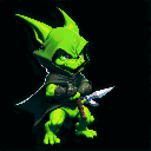 A stealthy and deadly goblin with a hood, twin daggers, and a shadowy presence. It has sharp eyes and a focused expression, ready to strike from the darkness. No background.
