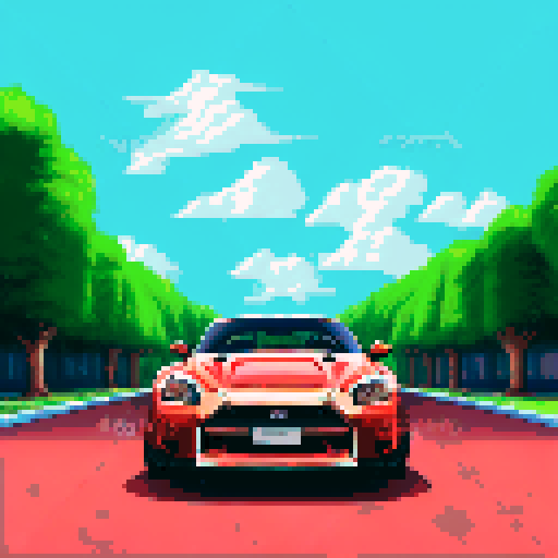 Photorealistic whole Nissan GT-R, three-quarter view, right front wheel, clean background, sRGB colors, pixel art style
