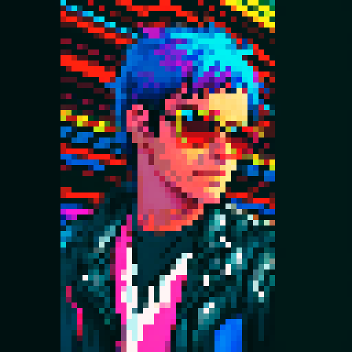 cool guy wearing sunglasses, standing in front of a vibrant pixel art cityscape, with neon lights illuminating the sRGB color palette