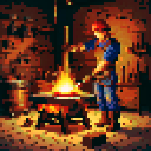 blacksmith hammering red-hot metal, sparks flying, anvil and tools nearby, vintage pixelated graphics, vibrant sRGB colors