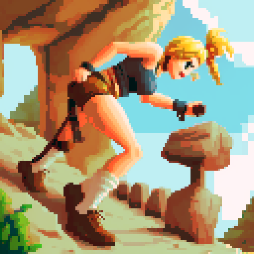 blonde tomb raider climbing up hills and mountains