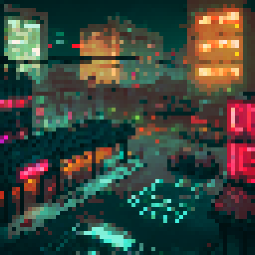Dystopian noir city, brutalist arena with neon lights, rundown house with rusted metal roof, black market with shady neon signs, tall apartment buildings with bright, illuminated windows, overgrown trees, moody lighting, mist and shadows blending, pixel art, sRGB
