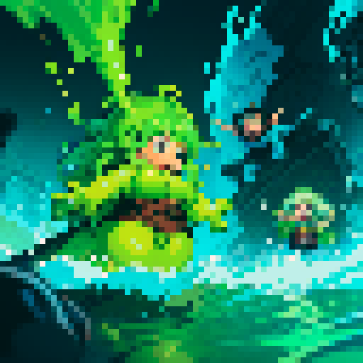 tidal wave of thick slime, thick gooy slime, heroes drowning in slime, slime surrounding heroes, heroes sinking into slime