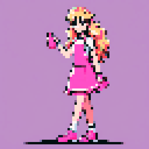 A girl with long blonde wavy long hair, wearing a pink apron and holding a nail polish bottle. 