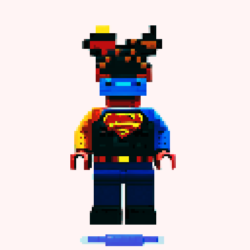 superman cape vibrant colors, pixelated lego blocks forming a stylized figure, retro video game aesthetic