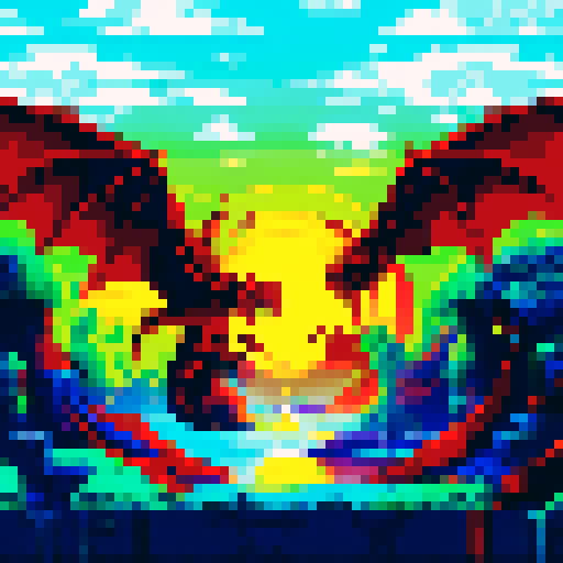 Fiery scaled dragon, wings spread wide, gripping a glowing orb in its claws amidst a vibrant pixelated landscape