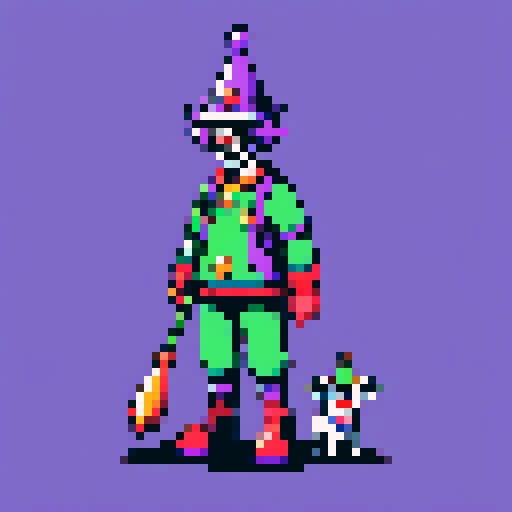 clown with purple and green jester hat, bells, pixel art, a fireball and a staff, in a forest and with a bull dog next to it.