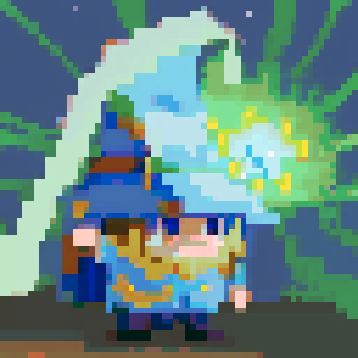 Create a pixel art character of a whimsical wizard, inspired by a cartoon style similar to the provided image. The wizard should wear a blue robe covered with yellow stars and a matching pointy hat. He should have a playful grin