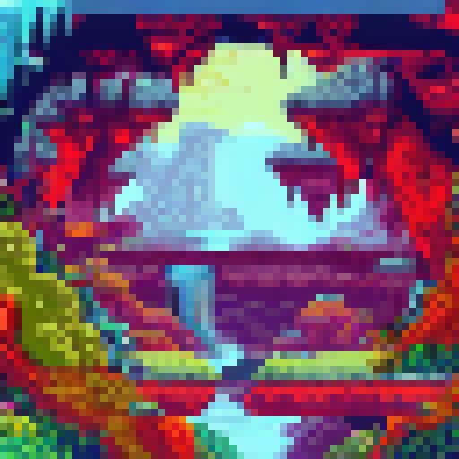 Underground river flowing through a glowing, moss-covered cave system with towering stalactites and stalagmites in a fantastical pixel art landscape