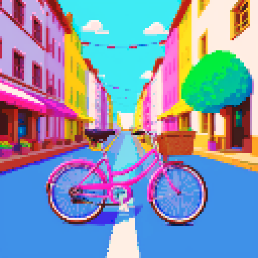 Bicycles, vibrant colors, retro feel, pixelated details, sRGB color space
