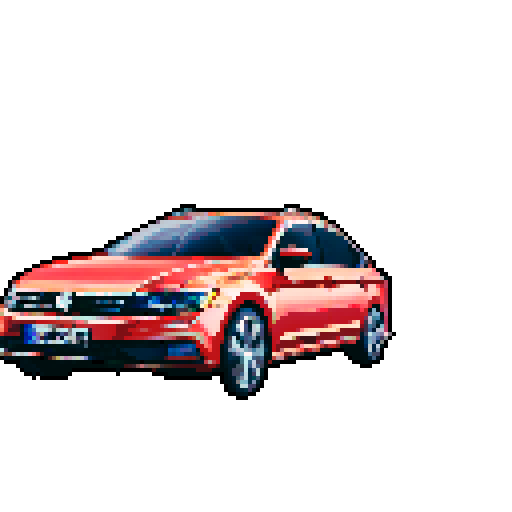 Photorealistic whole Volkswagen Passat, centered, three-quarter view, right front wheel, clean background, realistic colors, pixel art style