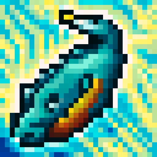 cute amazon river dolphin, vibrant colors, pixelated waves, lush green rainforest, sRGB, pixel art, tropical sunset, sparkling river, misty waterfall, mist-covered mountains, serene landscape