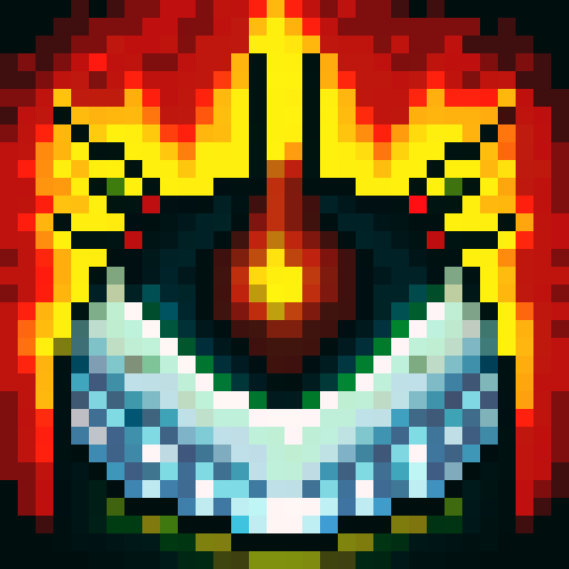 Glowing eyes, jagged teeth, fiery background, menacing horns, and intricate armor for a FINAL BOSS game icon in skillful 32x32 pixel art with a close-up, portrait-style.