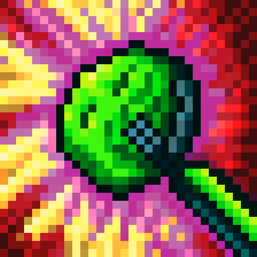 Vibrant green, swirling clouds, glowing purple crystals, and a towering mountain range in the background, all framing a close-up portrait of an alien creature with glowing red eyes and iridescent scales, set in a 32x32 pixel art style