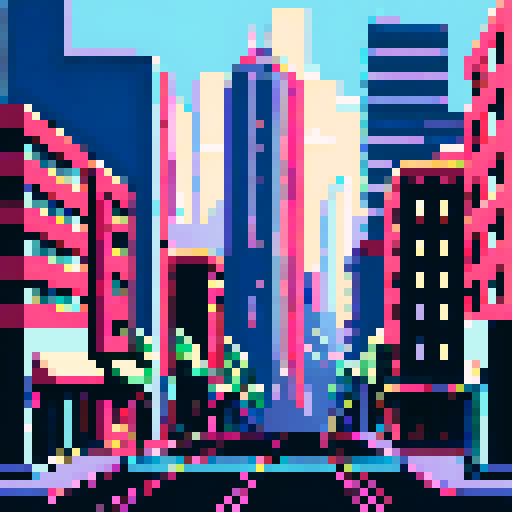 Towering skyscrapers, bustling streets, blocky pixelated buildings, natural color, retro video game vibes, 8-bit art style, ARNE32 palette, pixel art