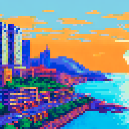 Monaco skyline at dawn, overlooking the azure sea, with a pixelated Formula 1 car zooming past in the foreground against a vibrant sRGB background