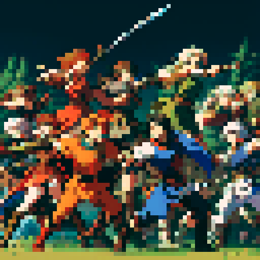 Fire Emblem Blazing Blade Army, epic battle formations, vibrant colors, detailed sprites, tactical maneuvers, medieval-inspired pixel art, intense combat scenes, strategic positioning, diverse character classes, sRGB palette
