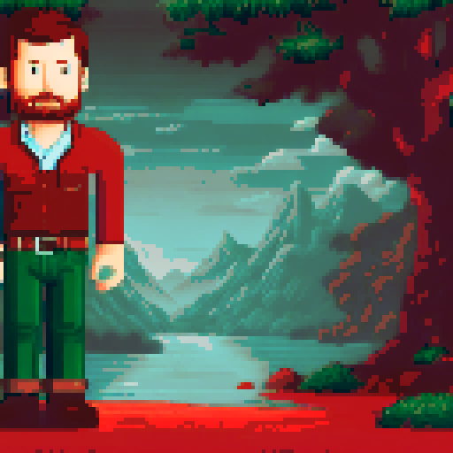 human in brown pants with belt, green shirt, non-realistic