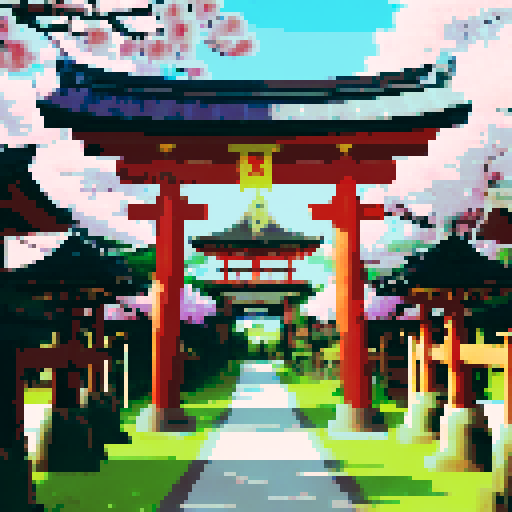 golden shinto shrine, torii gate, golden shinto gate, with a shimmering golden chest behind the gate, cherry blossom trees, lanterns glowing, traditional architecture, intricate details, vibrant colors, pixel art, sRGB