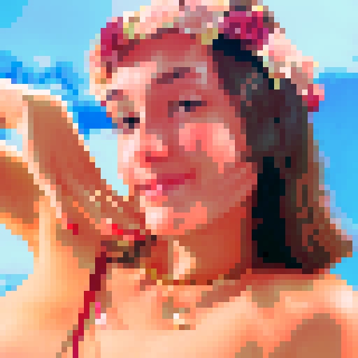 A radiant young woman with chestnut-brown hair, adorned with a delicate floral crown of soft pink and deep red roses. Her warm smile exudes confidence and grace, as she poses elegantly, her hand showcasing golden rings and freshly painted nails. A pearl pendant dangles from a gold chain around her neck, catching the light with a subtle shimmer. Rendered in a dreamy, digitally enhanced portrait, set against a mesmerizing, iridescent background of swirling blues and purples, captured in a vibrant 