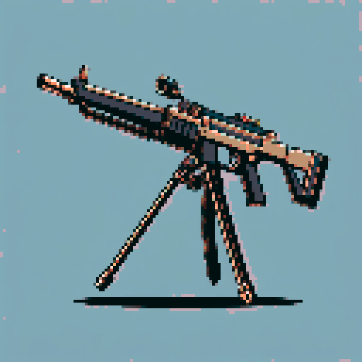 I want a copper rotary machine gun without a stand viewed from from the side. I want this object usable an asset in a videogame, meaning only one object per image, outlined with a strong black stroke, on a solid-color background.