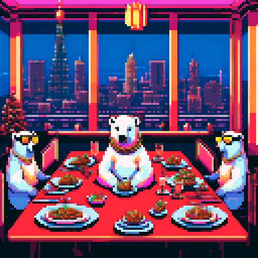 "An 8-bit pixel art of polar bears gathered at a lavish dinner table, wearing gold chains, sunglasses, and hats. The table is piled with gourmet food, crypto coins, and glowing trading screens. The setting is a modern dining room with neon accents and a window overlooking a futuristic, crypto-themed cityscape."