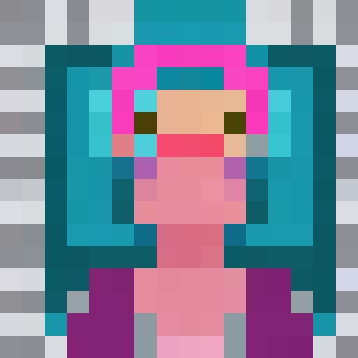 "Create a whimsical, pixelated anime portrait featuring a kawaii, wide-eyed girl with bubblegum pink hair, wearing a pastel blue sailor uniform and holding a giant lollipop."
