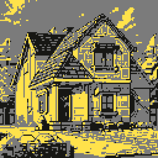 Small suburban american house, with driveway and lawn, legend of Zelda isometric perspective, tile based art, 8x8 tiles, pixel art
