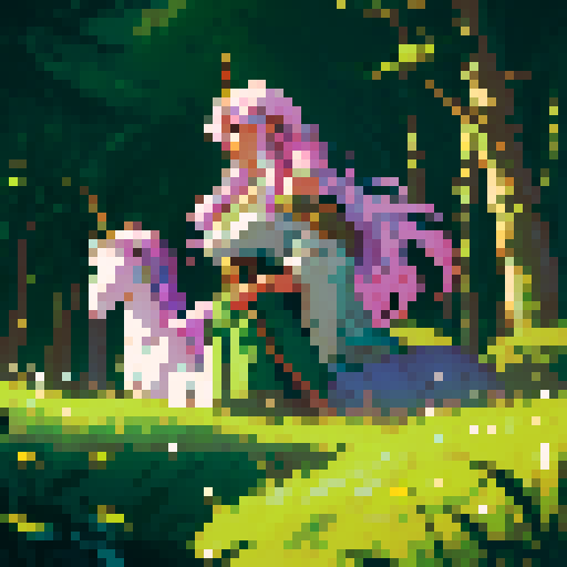 unicorn woman hybrid with cloven hooves, ethereal mane flowing, delicate golden horn, playful expression, bathed in the moons glow in a forest, clear detail, pixel art style, sRGB format