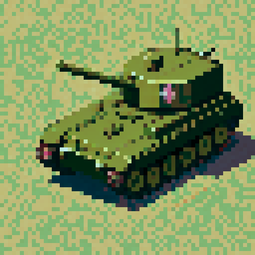 top-down pixel art sprite, World War II army tank, sleek olive green body, rugged tank treads, rotating turret, menacing barrel, pixel art, sRGB, game asset