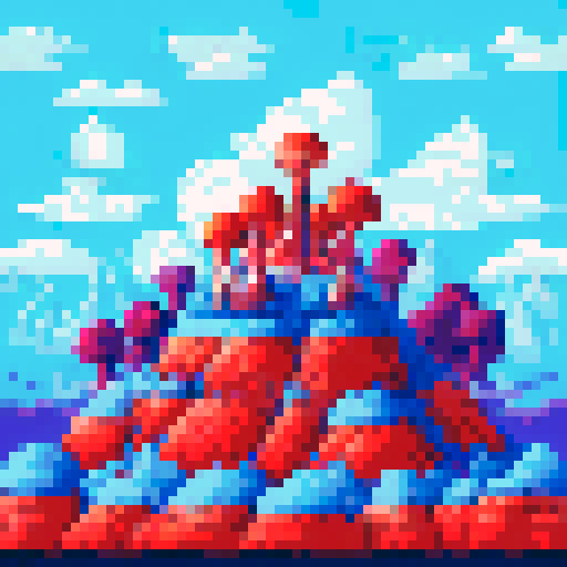 pixel art landscape aerial view with tall, vibrant trees, whimsical mushrooms, cozy houses, and colorful flowers
