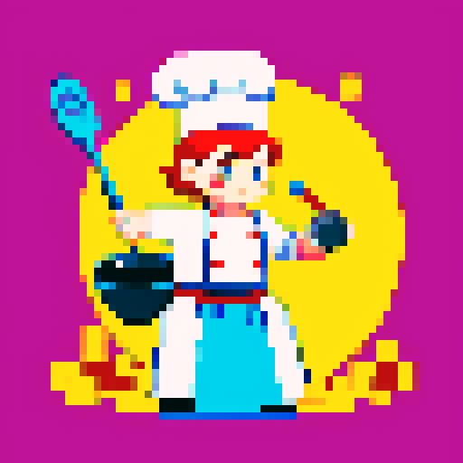 cooking chef character, pixel art, frying pan in hand, 2D plateformer video game, vibrant colors, detailed shading, dynamic pose, sRGB