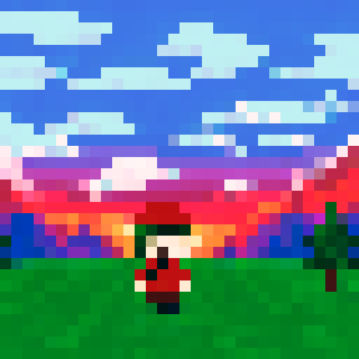 Pixel figure, with a green cap and a bright red scarf, standing on a snow-covered hill with a few trees in the background