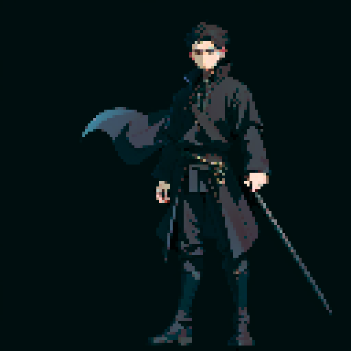 male character, black clothing, neutral pose, neutral facial expression, sRGB palette, no lighting