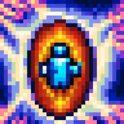 Cute robot with vibrant colors, pixelated details, and a skillful expression, portrayed as a close-up game icon in 32x32 pixel art style