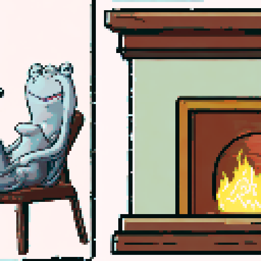 In the cozy ambiance of a dimly lit room, a small, jovial frog perches comfortably upon a plush couch chair, its diminutive size emphasized by the vastness of the furniture. The flickering flames of a nearby fireplace cast a warm glow, enveloping the space in a soft, golden light, creating an atmosphere of comfort and relaxation. With a mug clasped delicately between its tiny webbed fingers, the contented frog takes a sip of steaming coffee, its expression reflecting pure bliss.