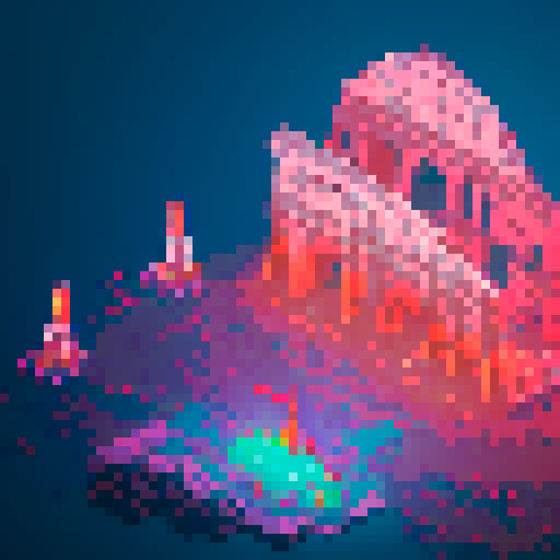 Futuristic colosseum, towering skyscrapers, neon lights, vibrant colors, people wearing futuristic outfits, pixel art
