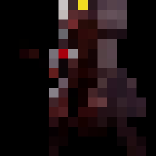 robot, in a black cloak with yellow edges, bright yellow eyes and jaw, hunchback, against a black background with fog, game icon, 16x16, pixel art, close up, portrait