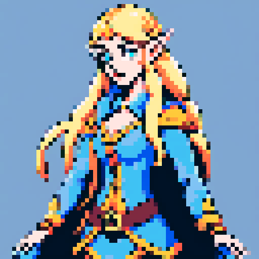 female elf, long blonde hair, blue eyes, pixel art, sRGB