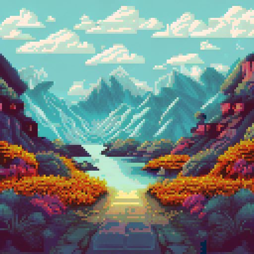 golden grass, with mountains in the distance and a cloudy sky above, all in pixel art with an sRGB color palette